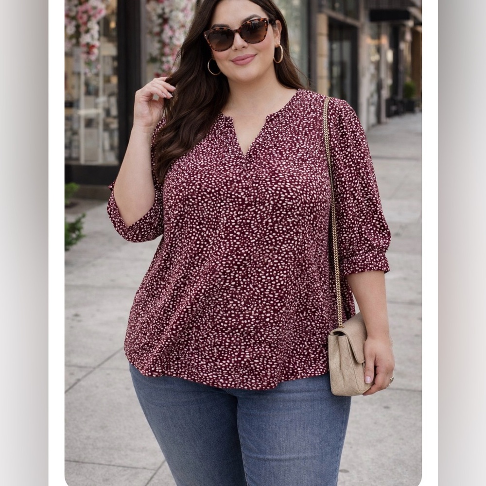 SHEIN Top Red & White Pattern Ruffle Sleeve Blouse w/ V Neck Plus Size Office 3X